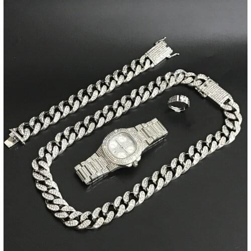Luxury Men Silver Color Watch & Necklace & Braclete & Ring & Earrings Combo Set Ice Out Cuban Crystal Miami Hip Hop For Men