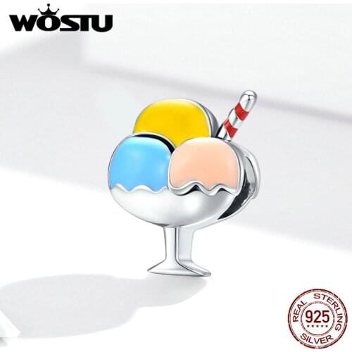WOSTU 925 Sterling Silver Charm Bead Crystal Tri-color Ball Ice Cream Pendant Charms Fit Original Bracelets DIY Jewelry