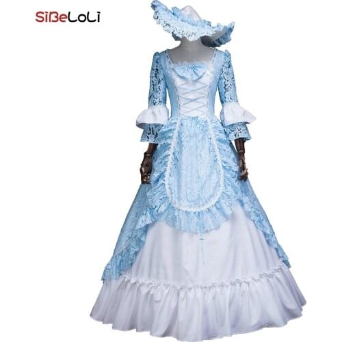 Blue Long Sleeve Lace European Court Dress Stage Play Performance Clothing Evening gown Party Ball Theme Clothing