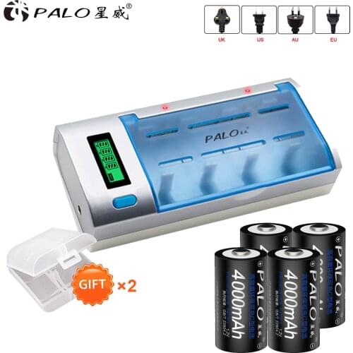 Palo LCD Smart Battery Charger For 1.2V AA AAA C D size 9V Battery + 4Pc 1.2V Nimh 4000mah C size R14 Rechargeable Battery