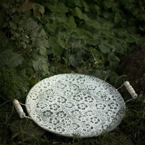 Unique handmade vintage antique metal tray ribbon round wrought iron storage tray antique retro tray family church wedding