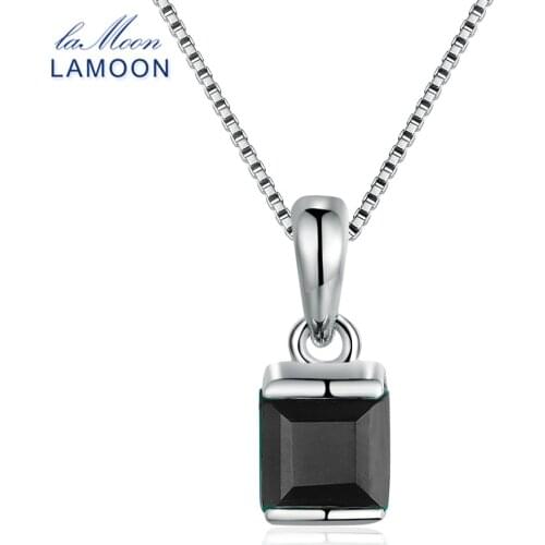 LAMOON Natural Square Black Chalcedony 925 Sterling Silver Simple Chain Pendant Necklace Women Jewelry S925 LMNI039