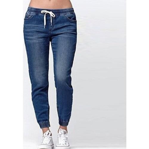 Spring Women Denim Drawstring Elastic Waist Pants Lady Oversized Casual Pencil Trousers Autumn Femme Korean Streetwear Pants