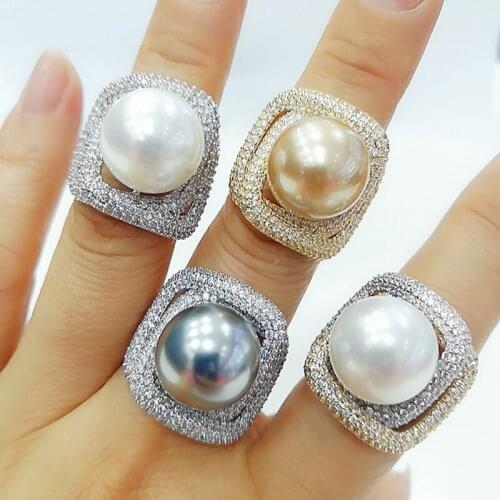 Brand Trendy Square Cross Pearl Statement Rings for Women Cubic Zircon Finger Rings Beads Charm Ring Bohemian Beach Jewelry