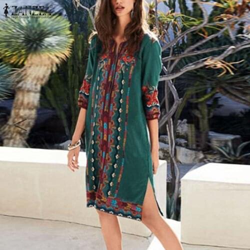 ZANZEA Women Bohemian Dress Autumn V Neck 3/4 Sleeve Floral Printed Sundress Femme Robe Split Hem Beach Vestido Vintage Dresses