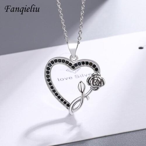 Fanqieliu Black Crystal Real 925 Sterling Silver Pendant Necklace For Women Heart Flower Jewelry FQL21356