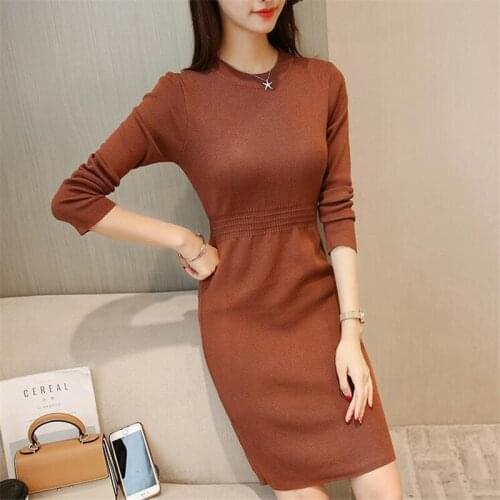 Casual Sheath Solid Long Sleeve Knitted Regular Natural O-neck Spring Women Dress Sweater Dresses Vestido De Festa