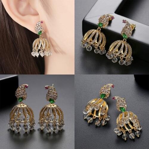 1 Pair Luxury Crystal Retro Ethnic Indian Zircon Bell Drop Beads Tassel Dangler Earrings Vintage Women Bridal Jewelry Gifts