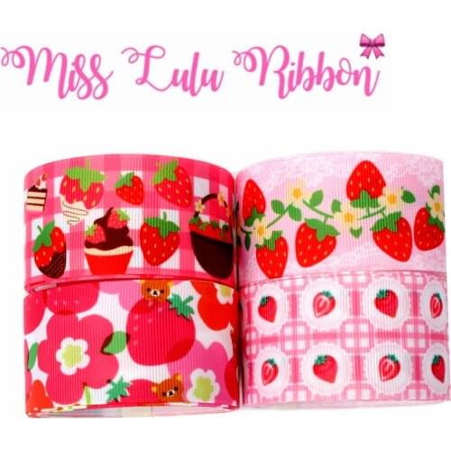 16mm-75mm Strawberry Series Lace Watercolor Flower Printed Grosgrain/Elastic Ribbon DIY Hair Bowknots Party Decor 50yards/roll
