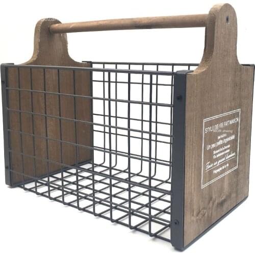 Log texture Japanese style home retro chopping board shape old wood and wrought iron stick handle storage basket structure unifo