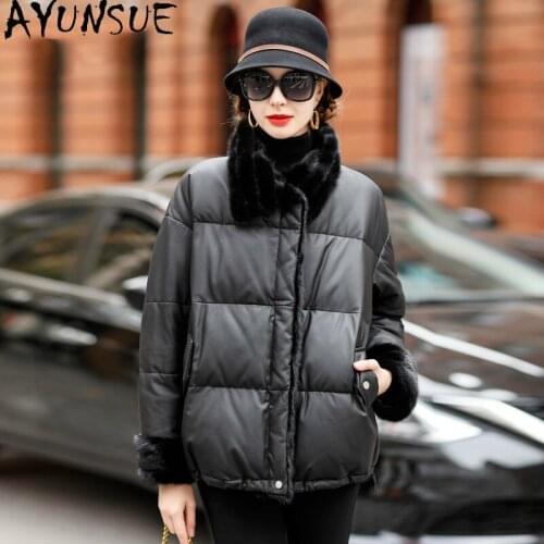 AYUNSUE 2020 Real Leather Jacket Women Short Sheepskin Coat Female 90% White Duck Down Jackets Mink Fur Collar Cuero Genuino 25