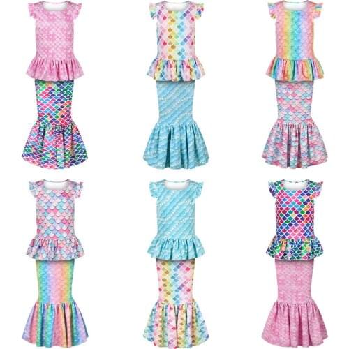 2020 Summer Girls Clothes Sets 3D Printing Children Mermaid T-shirt And Skirt Suit Kids Princess Cosplay Party Clothing Set