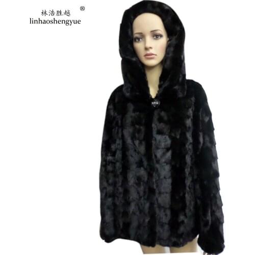 Linhaoshengyue Horizontal Lines and Vertical Stripes Minks Head of Long Black Fur Coat with Hat