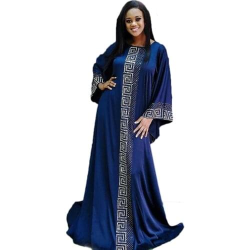 Fashion African Style Cotton Lady Clothing Loose Waist Type Long Sleeve Exquisite Imitation Silk Hot Drilling Dress 2020