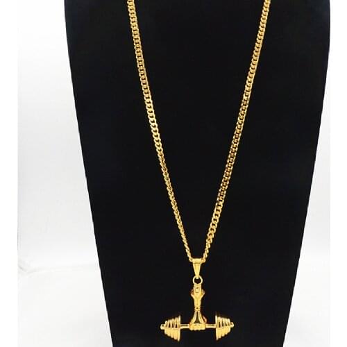 Hip Hop Golden Dumbbell Pendant Necklace Men and women European And American Fitness Necklace Pendant