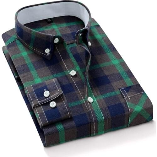 Aoliwen brand Fashionable Mens 100% Cotton Spring Loose Plaid Mens Shirt Casual Slim Business Shirt High Quality men’s shirt