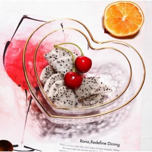 Heart Shape Bowls and Cup Set Japanese Style Glod Rim Clear Glass Food Salad Oats Fruit Dessert Snack Dish Water Milk