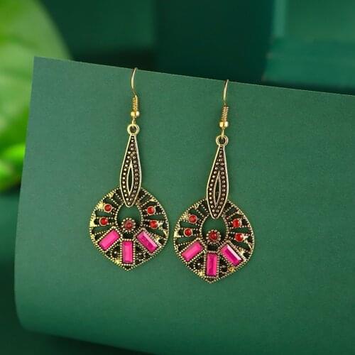 New Summer Boho Pink Crystal Ladies Earrings Oorbellen Ethnic Gold Alloy Geometry Hollow Dangle Earrings