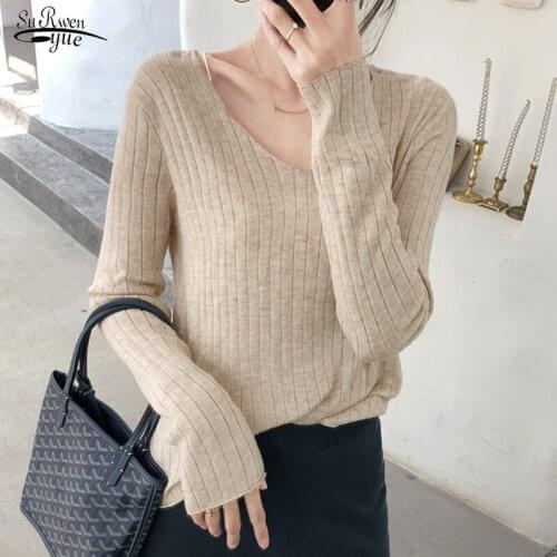 2021 Autumn Winter Casual Pullover Womens Sweaters V-Neck Minimalist Tops New Fashionable Korean Style Knitting Solid 15933