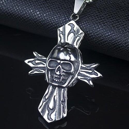 HNSP Punk Rock Big Skull Cross Pendant Chain Necklace For Men Male Gothic Gift Wholesale