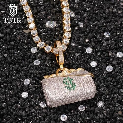TBTK Hiphop Brass Setting Green CZ $ Dollar Money Bag Pendants Necklace Paved Bling Men Women Rapper Creative Jewelry For Gift