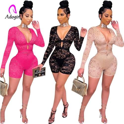 See Through Women Skinny Rompers Nude Solid Hollow Out Lace Up Playsuit 2021 Autumn Long Sleeve Sexy Club Party One Piece Outfit