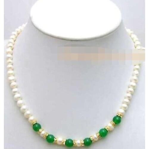 SALE 6-7mm White natural freshwater Pearl & 8mm Green 925 $ CZ Crystal Natural stone gems Luxury Ms. girl Wedding 18" Necklace