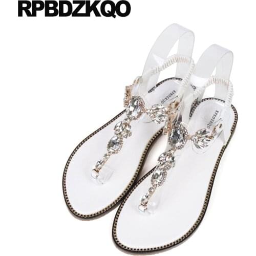 Big Size Flat White Large Jewel Crystal Shoes Sandals Leisure Fashion Bohemia Style T Strap Cheap Thong Women Rhinestone Beach