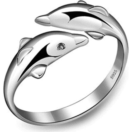 925 Sterling Silver Jewelry Open Happy Double Dolphin Love Rings For Party Women Gift Adjustable Ring Anillos Bague VRS2196