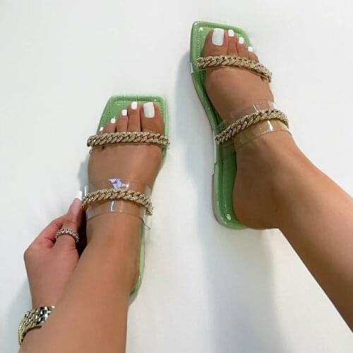Fashion Women Slipper Chain Flats Travel Beach Sandals Outdoor Casual Slides Transparent Chain Slippers Shoes for Ladies 4Colors