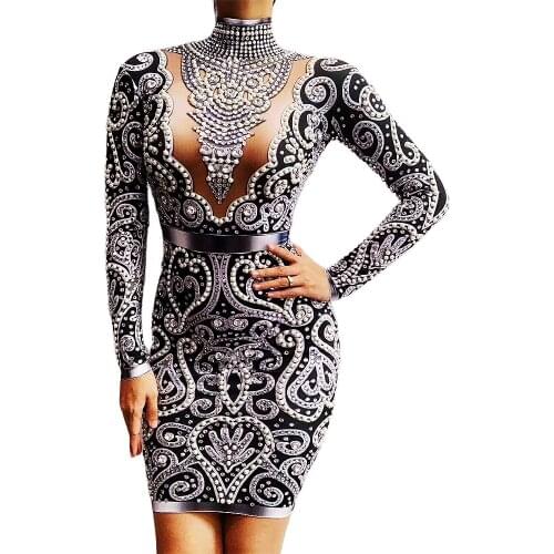 Sparkling Rhinestones Pearl Floral Printing Dress Long Sleeve Turtleneck Mini Dresses Party Evening Costume Nightclub Dance Wear