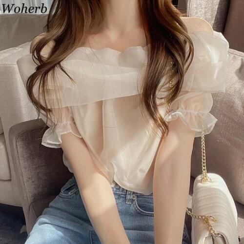 Woherb Mesh Off Shoulder Womens Tops Puff Sleeve Korean Chic Blouse Shirt Summer Thin Elegant Blusas Mujer De Moda 2021