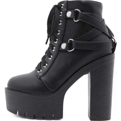 FANAN Black Platform Booties for Women Block High Heel Round Toed Womens Gothic Boots Lace Up Zipper Ankle Motorcycle Boots