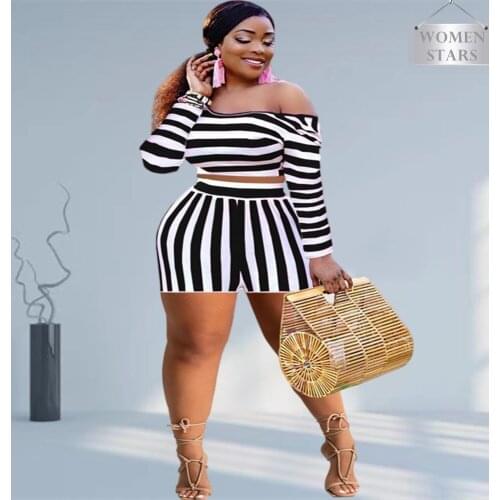 Two Piece Women Plus Size Sets Striped Long Sleeve Crop Top and Shorts Off Shoulder Fashion Fall Clothing Wholesale Dropshipping