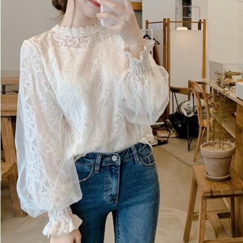Women Sexy Lace Tops Puff Sleeve Lace Shirt Female Mesh Hollow Out Back Up Casual Pullover O-neck Blouse 2021 Spring