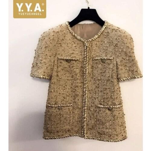 Vintage Luxury New Ladies Slim Fit Two Piece Tweed Outfits Short Sleeve O-Neck Zipper Fly Short Coats A-Line Skirts Womens Sets