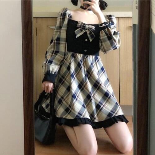 Gothic Lolita Dress Women Plaid Kawaii Bow Party Mini Dress Ruffles Vintage Japan Korean Sweet Dress Womens Autumn