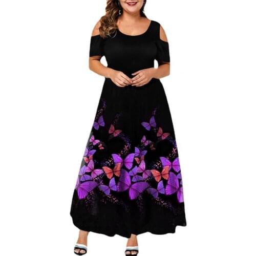 Women Summer Dress Purple Butterflies Print Off Shoulder Female Short Sleeve Large Hem Plus Size Dresses