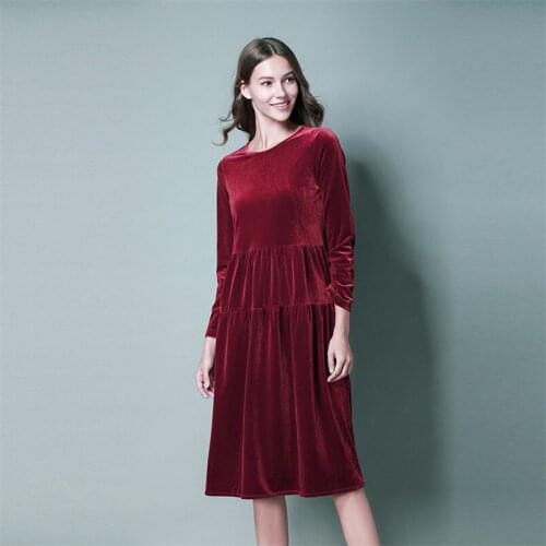 Womens Solid Velvet Midi Dress Autumn Full Sleeve O-Neck Loose Soft Dress Elegant Evening Party Vestidos Plus Size Dress L-8XL