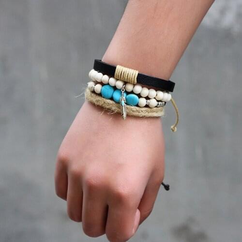 4 Pcs/set Vintage Leaf Bracelets Blue Beads Bracelets Bangles for man Women Hemp Rope Woven Leather Bracelets Jewelry Hot Sale