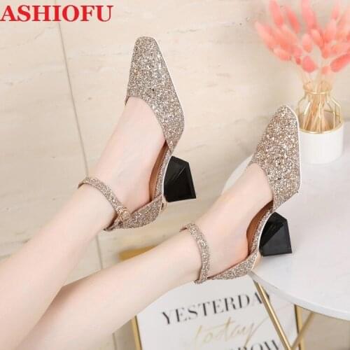 ASHIOFU New 2020 Fashion Wine-glasses Heel Sandals Glitter Party Dress Shoes Real Photos Evening Fashion Sandals Summer Shoes