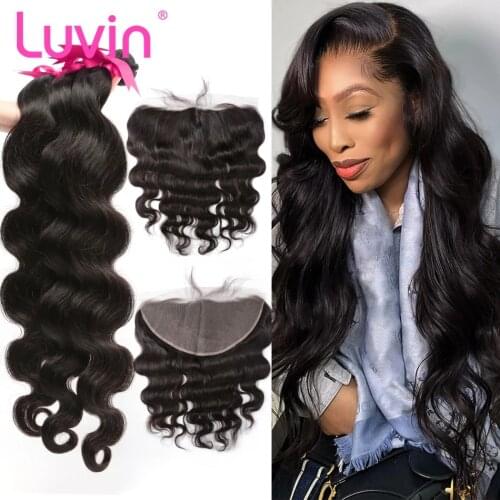 Luvin 28 30 32 34 40 Inch Brazilian Hair Weave 3 4 Bundles With 13x4 Lace Frontal and Closure Remy Body Wave 100% Human Hair