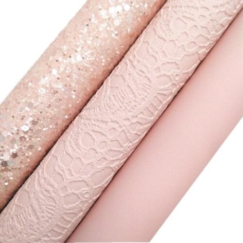 Crystal Pink Glitter leather, Lace Embossed synthetic leather, Nappa Smooth Faux Leather Sheets For Bows DIY 21x29CM KM812