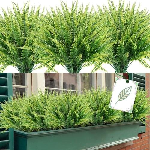 Artificial Plants Fake Boston Fern Greenery Outdoor UV Resistant No Fade Faux Plastic Plants Garden Porch Window Box Decorating