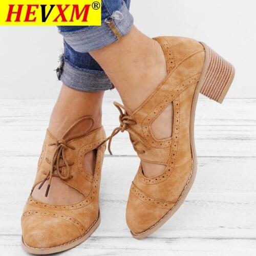 Summer Vintage Round Toe British Shoes Lace Up Chunky High Heels Sandals Women Hollow Casual Shoes Woman Sandals Plus Size 35-43
