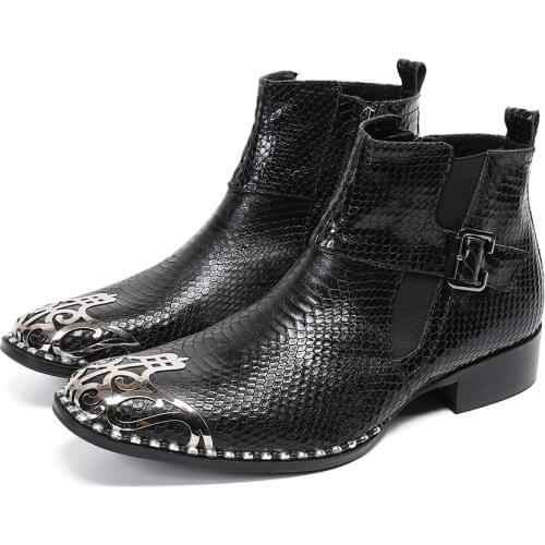 Black Motorcycle Boots for Men Plus Size Metal Toe Buckle Man Business Party Ankle Boots Fashion Dress Botas De Hombre