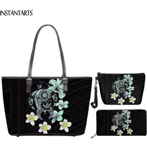 INSTANTARTS 3pcs Womens Bag Set with PU Makeup Bag Wallet Hawaiian Sea Turtle Pattern Tote-handbags Female Girls Shoulder Bag
