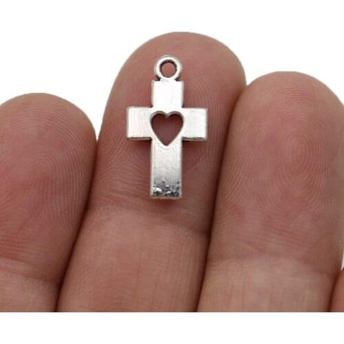 JAKONGO Antique Silver Plated Heart Cross Charm Pendants for Jewelry Making Bracelet DIY Accessories 19x10mm 20pcs