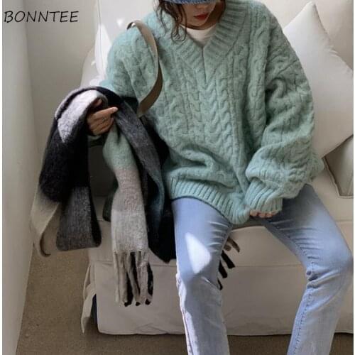 Pullovers for Women Spring Knitted Retro All-match V-neck Ladies Korean Style Casual Fashionable Solid Loose Streetwear Teens