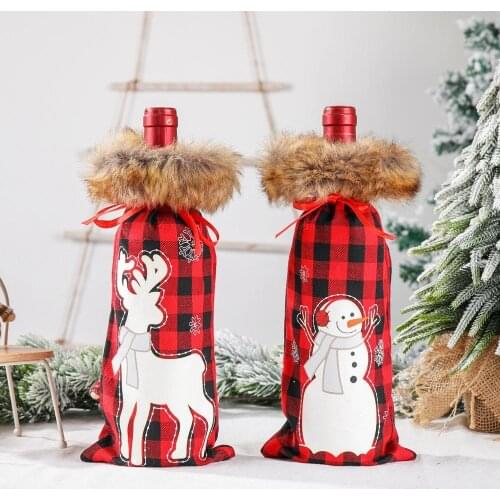 Christmas decorations plush plaid wine bottle cover red and black plaid wine bottle bag red wine cover wine bag home decorations